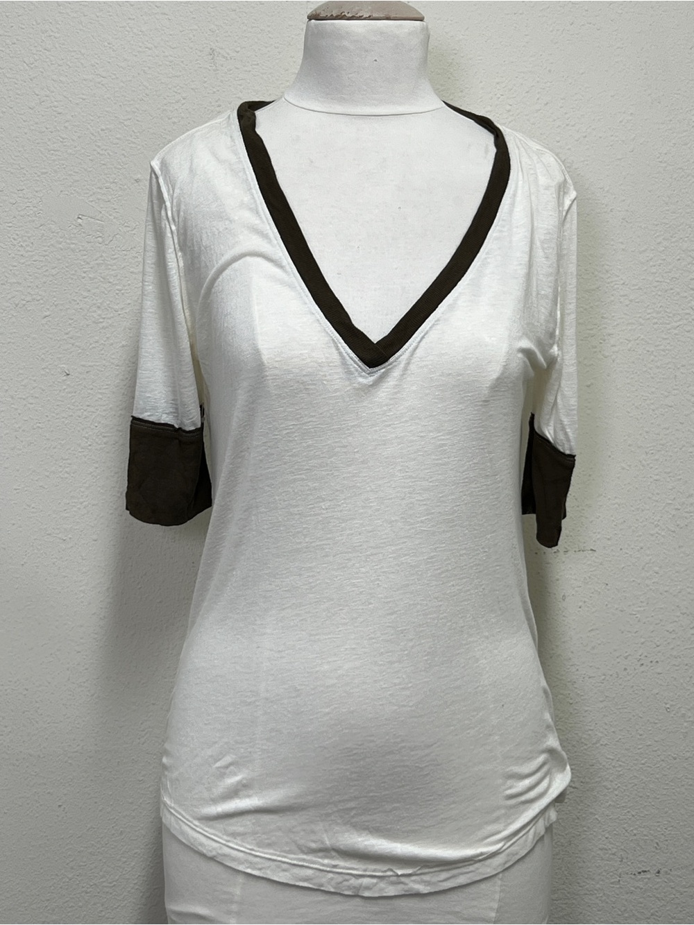We The Free By Free People Beige Green Deep V-Neck Linen Blend Lightweight Top S